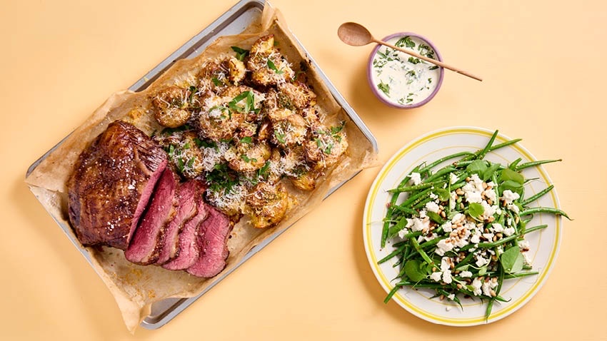 Grilled Beef with Crushed Potatoes, Bearnaise Dressing and Bean Salad